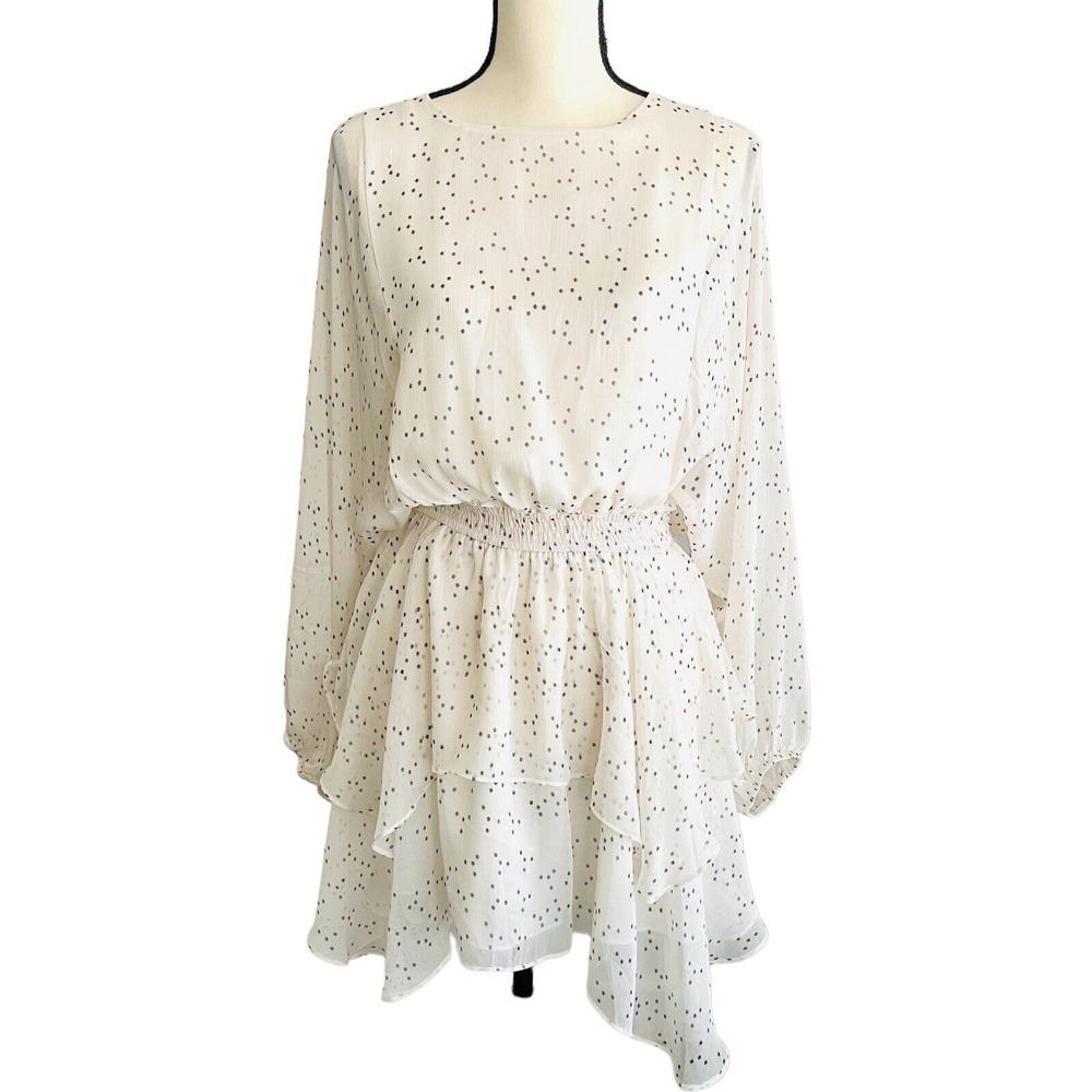 Storia Mini Dress Women's Size Small White Open Back Asymmetrical Hem Polka Dot